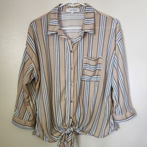Tan Striped Button Up 3/4 Sleeve Tie Front
